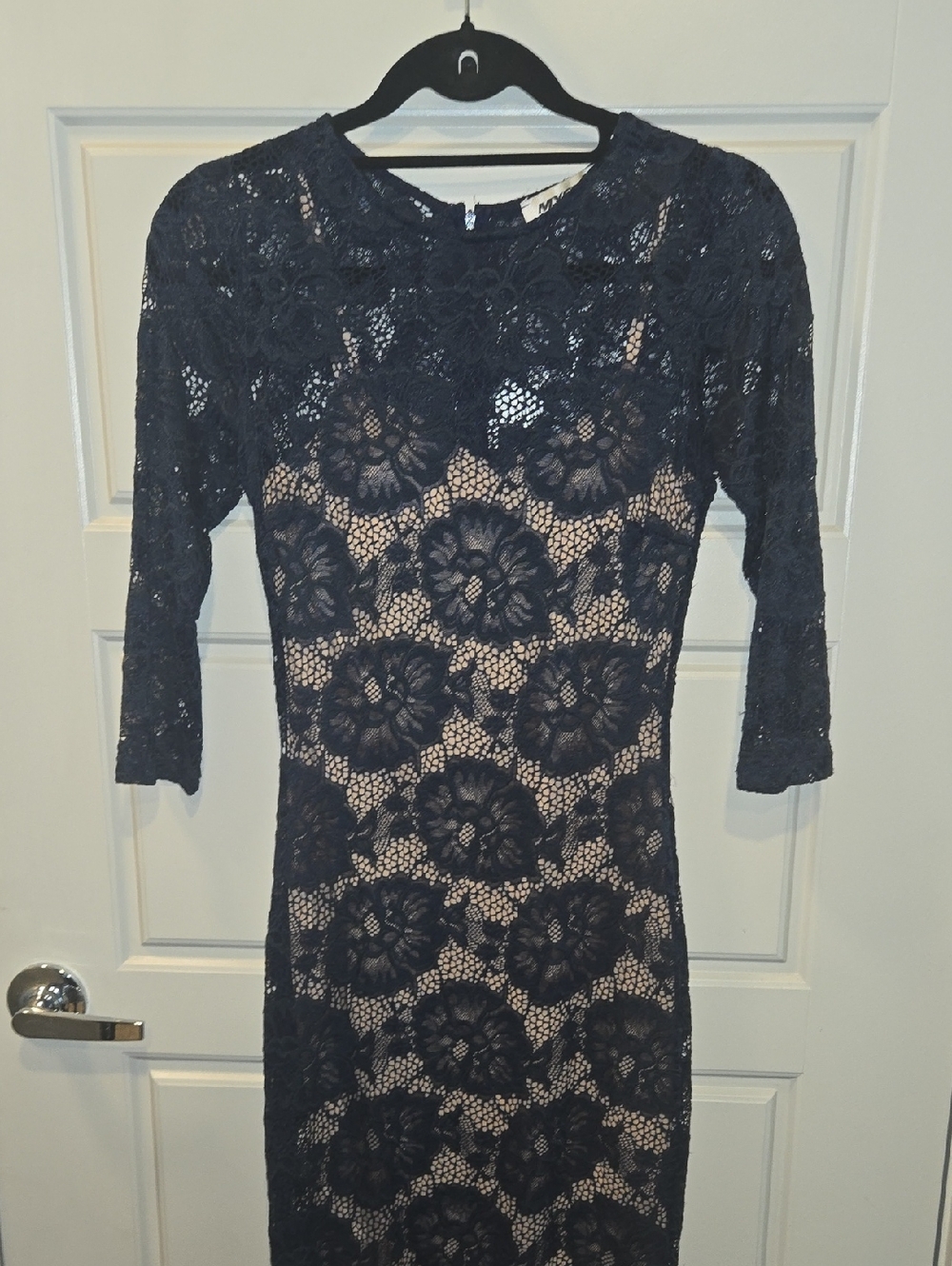 Women's Navy Lace Sheath Dress with Nude Lining